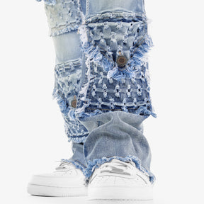 LIGHT BLUE DISTRESSED FRAY CARGO STACKED JEANS