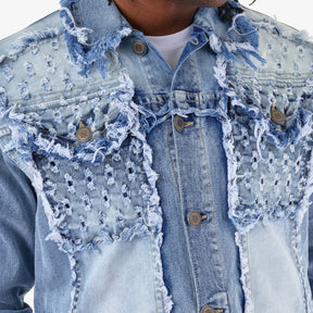 LIGHT SAND BLUE DENIM JACKET W/ DISTRESSED FRAY