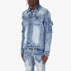 LIGHT SAND BLUE DENIM JACKET W/ DISTRESSED FRAY