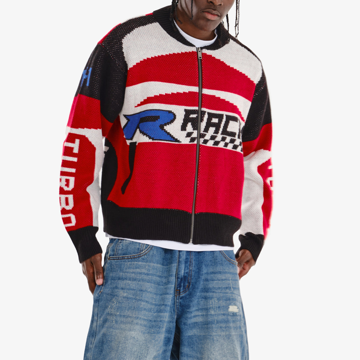 RED RACING FULL-ZIP SWEATER