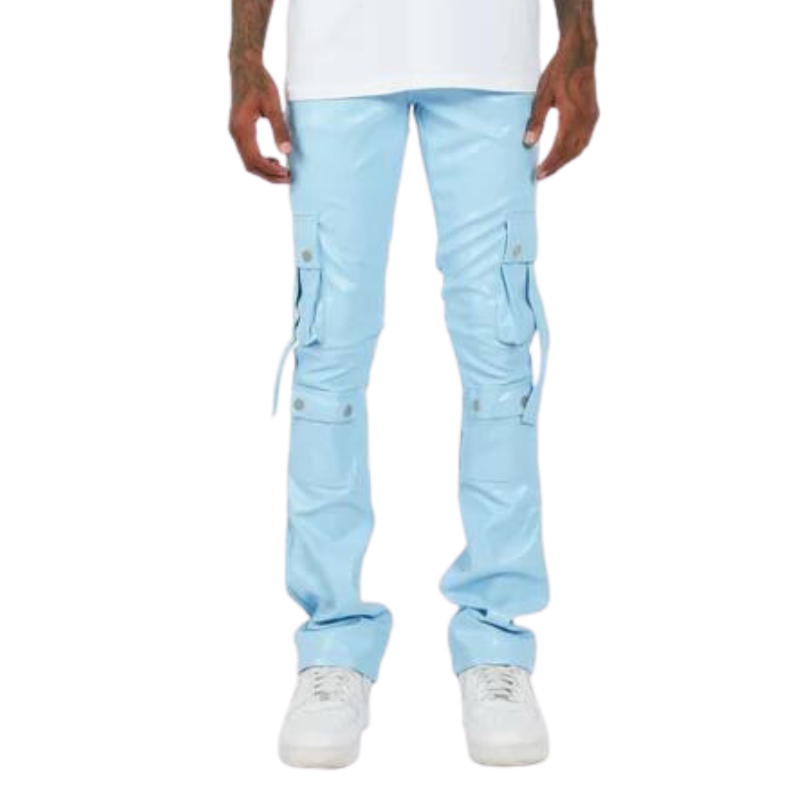 BABY BLUE LEATHER CARGO STACKED JEANS