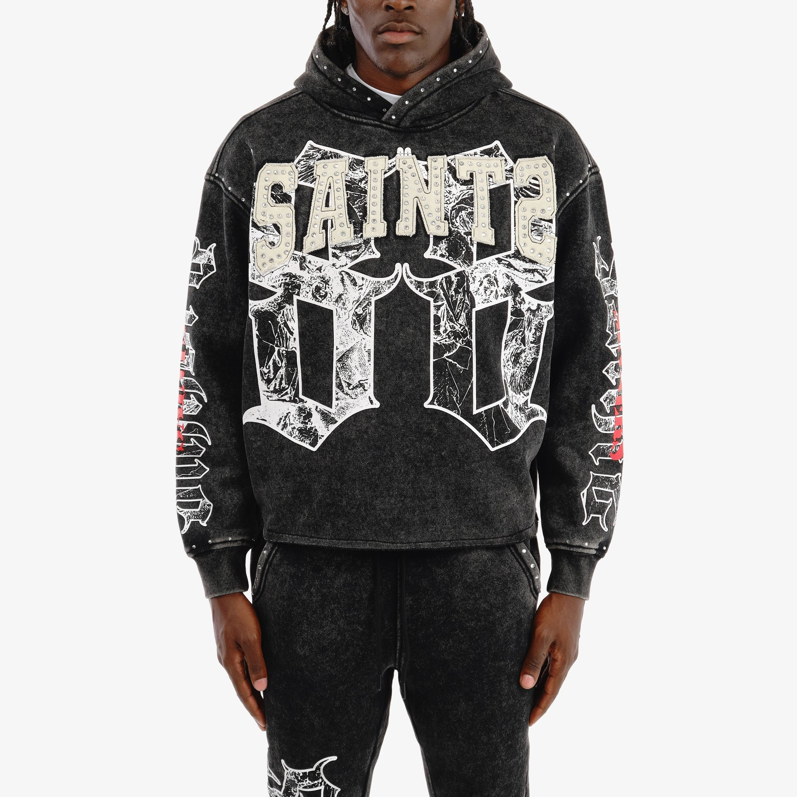BLACK SAINT HOODIE W/ RHINESTONES