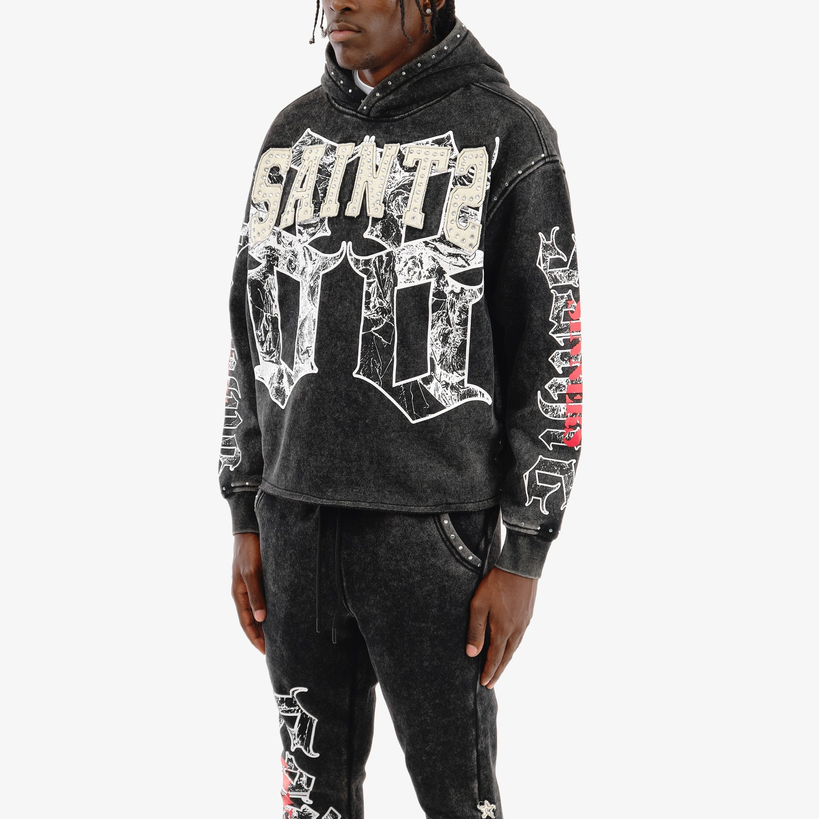 BLACK SAINT HOODIE W/ RHINESTONES