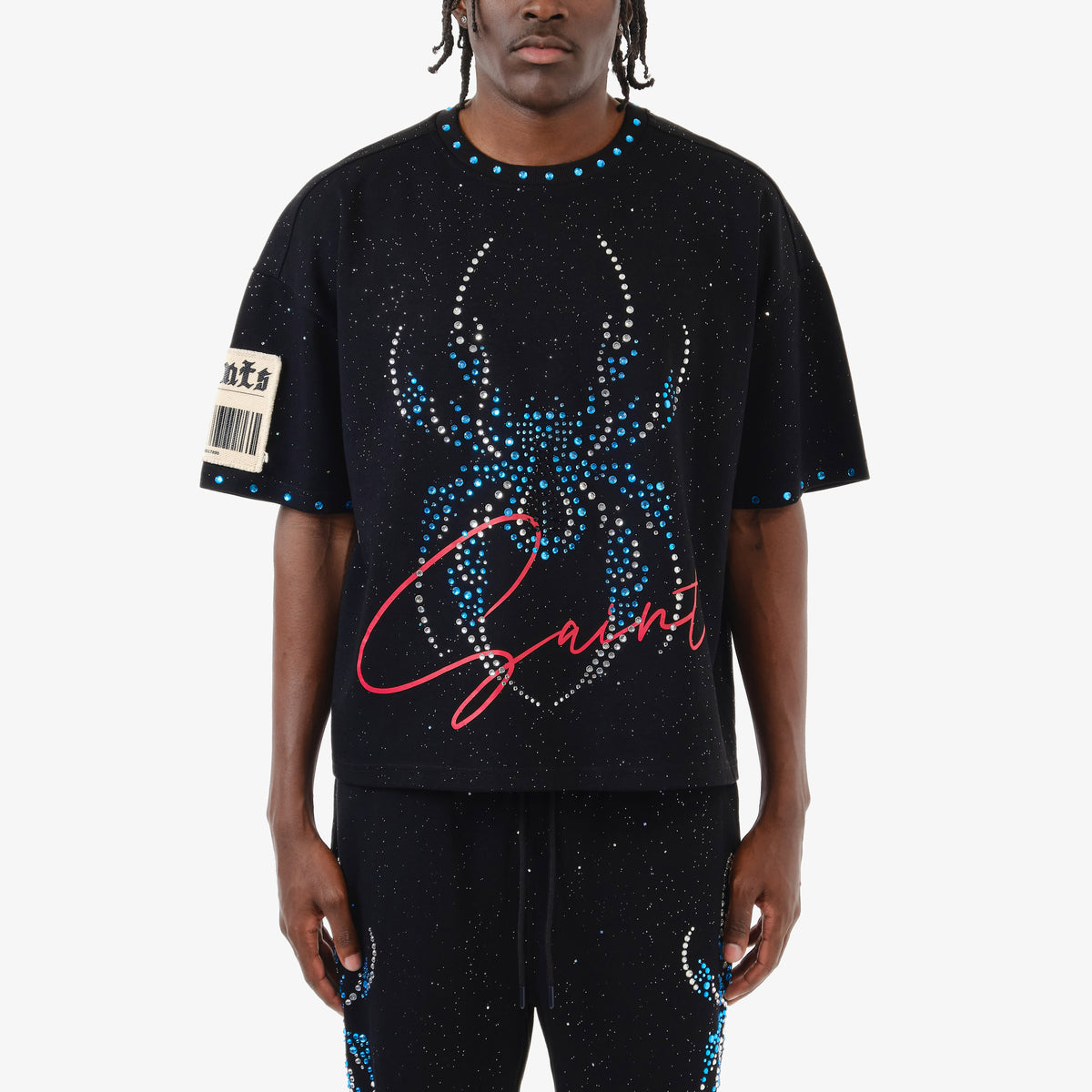 BLACK SPIDER W/ RHINESTONE CROP T-SHIRT