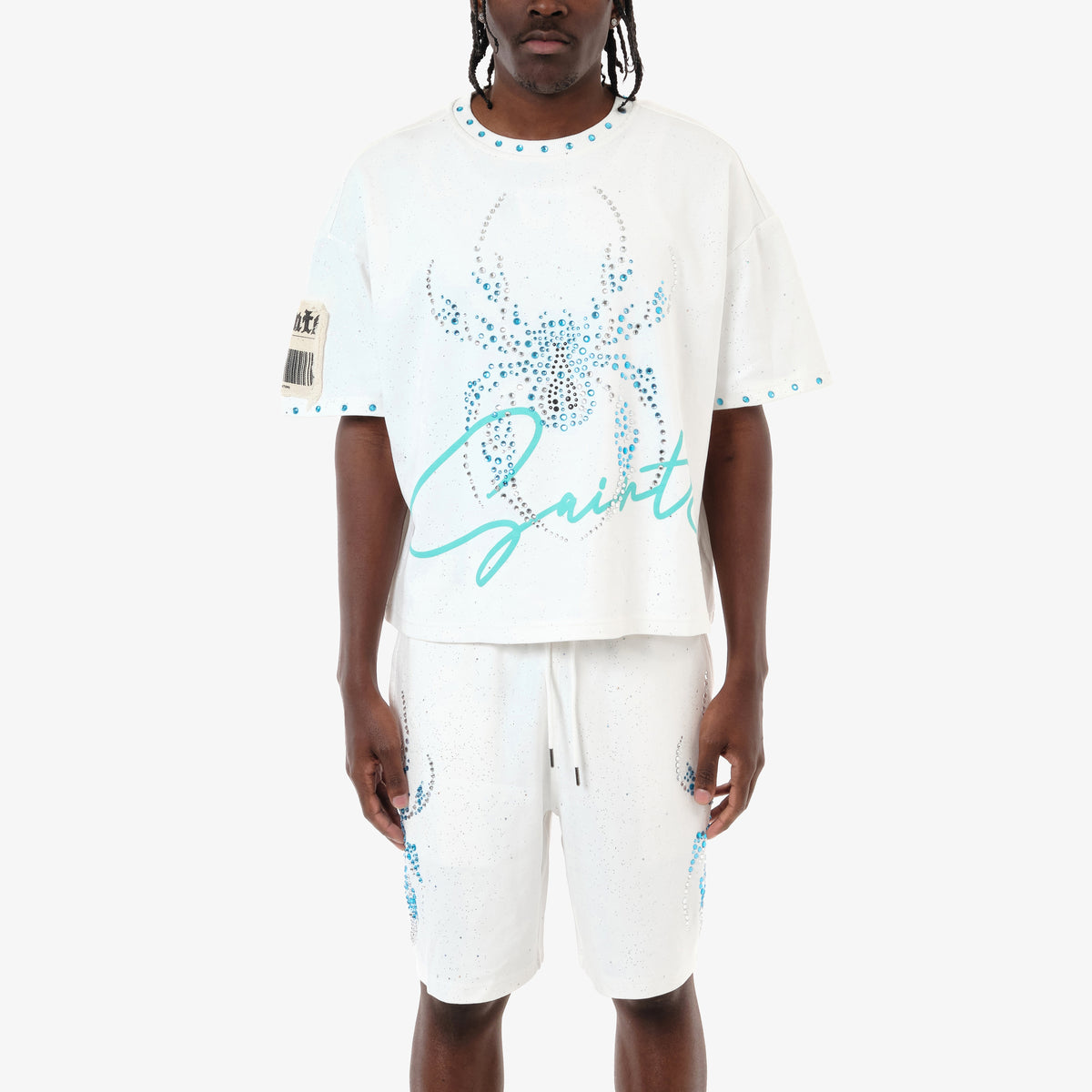 WHITE SPIDER W/ RHINESTONE CROP T-SHIRT