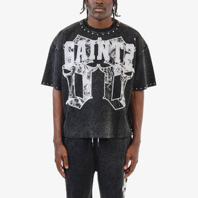 BLACK SAINTS W/ RHINESTONES CROP T-SHIRT