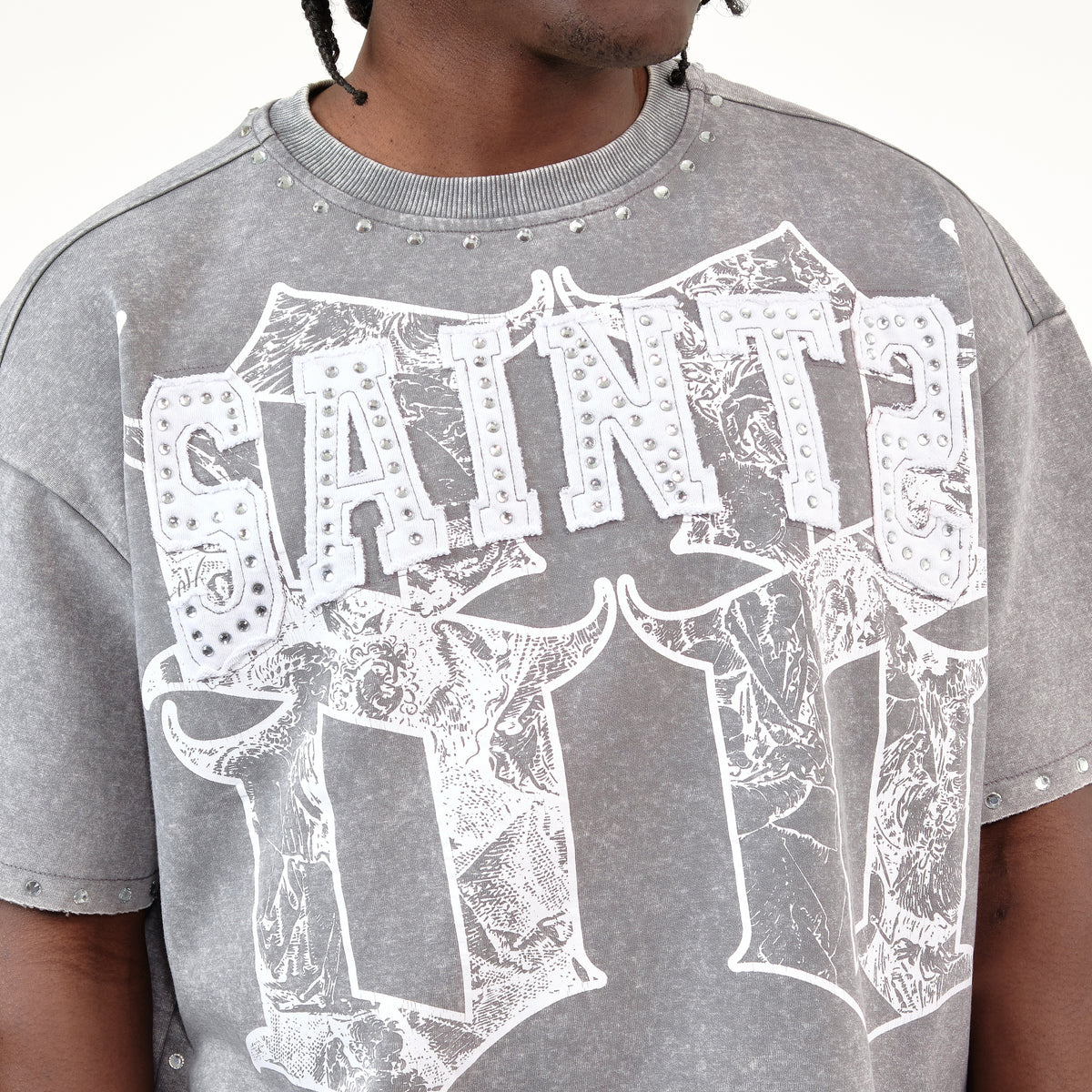 GRAY SAINTS W/ RHINESTONES CROP T-SHIRT