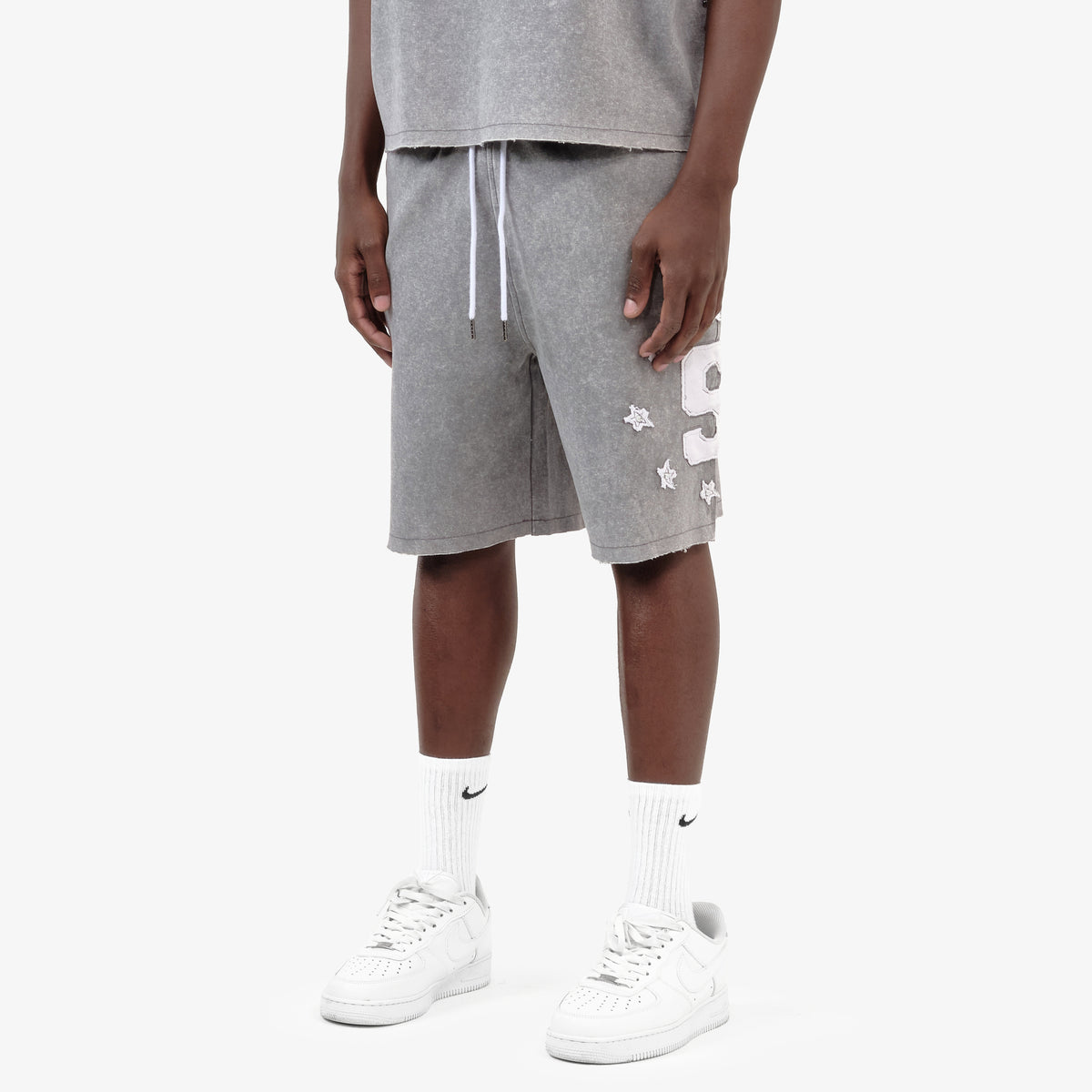 GRAY SAINTS SHORTS W/ RHINESTONES