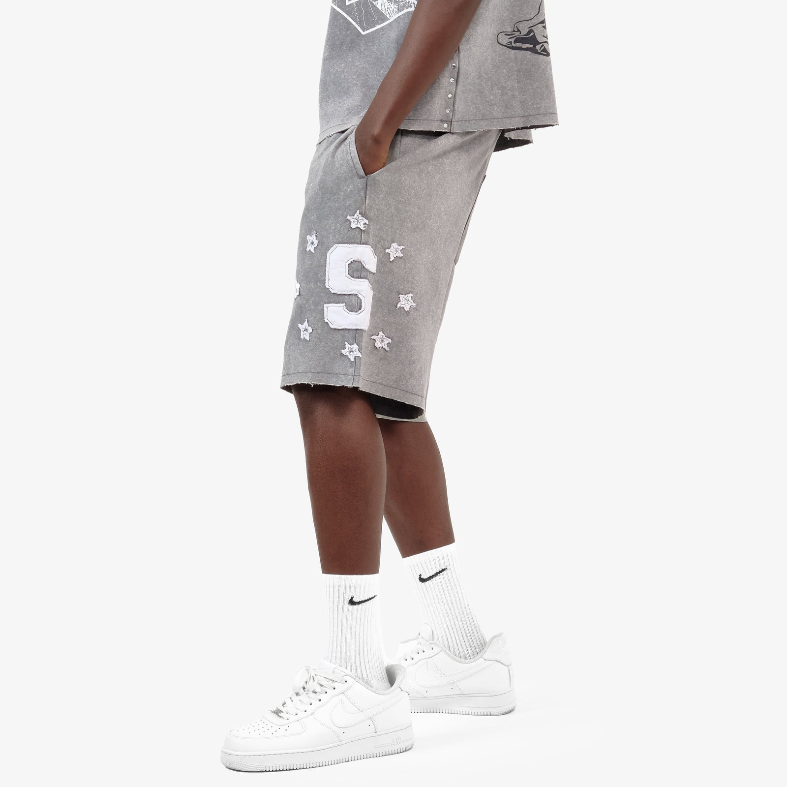 GRAY SAINTS SHORTS W/ RHINESTONES
