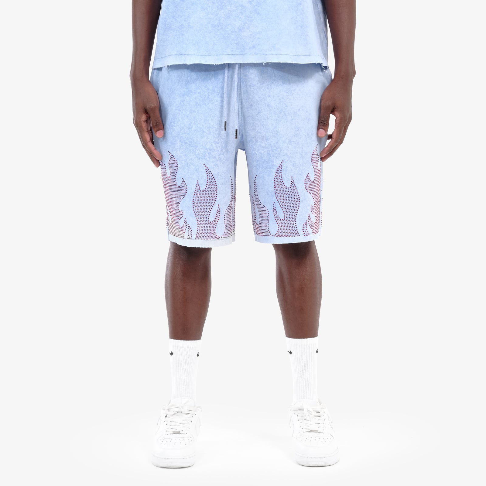 LIGHT BLUE FLAME RHINESTONE SHORTS