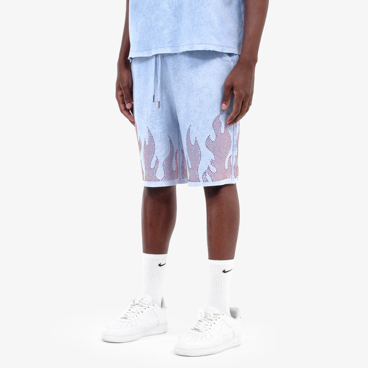 LIGHT BLUE FLAME RHINESTONE SHORTS