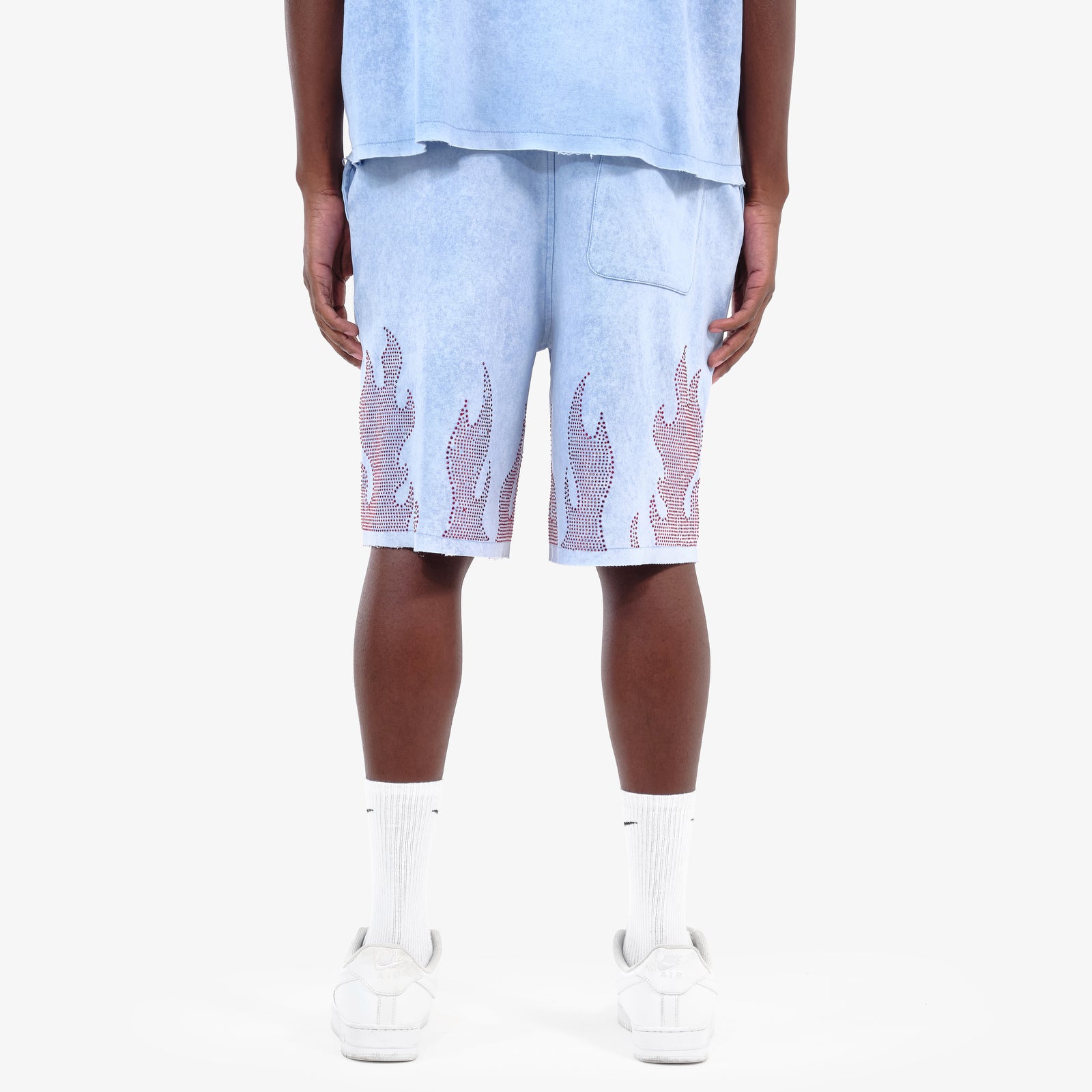 LIGHT BLUE FLAME RHINESTONE SHORTS