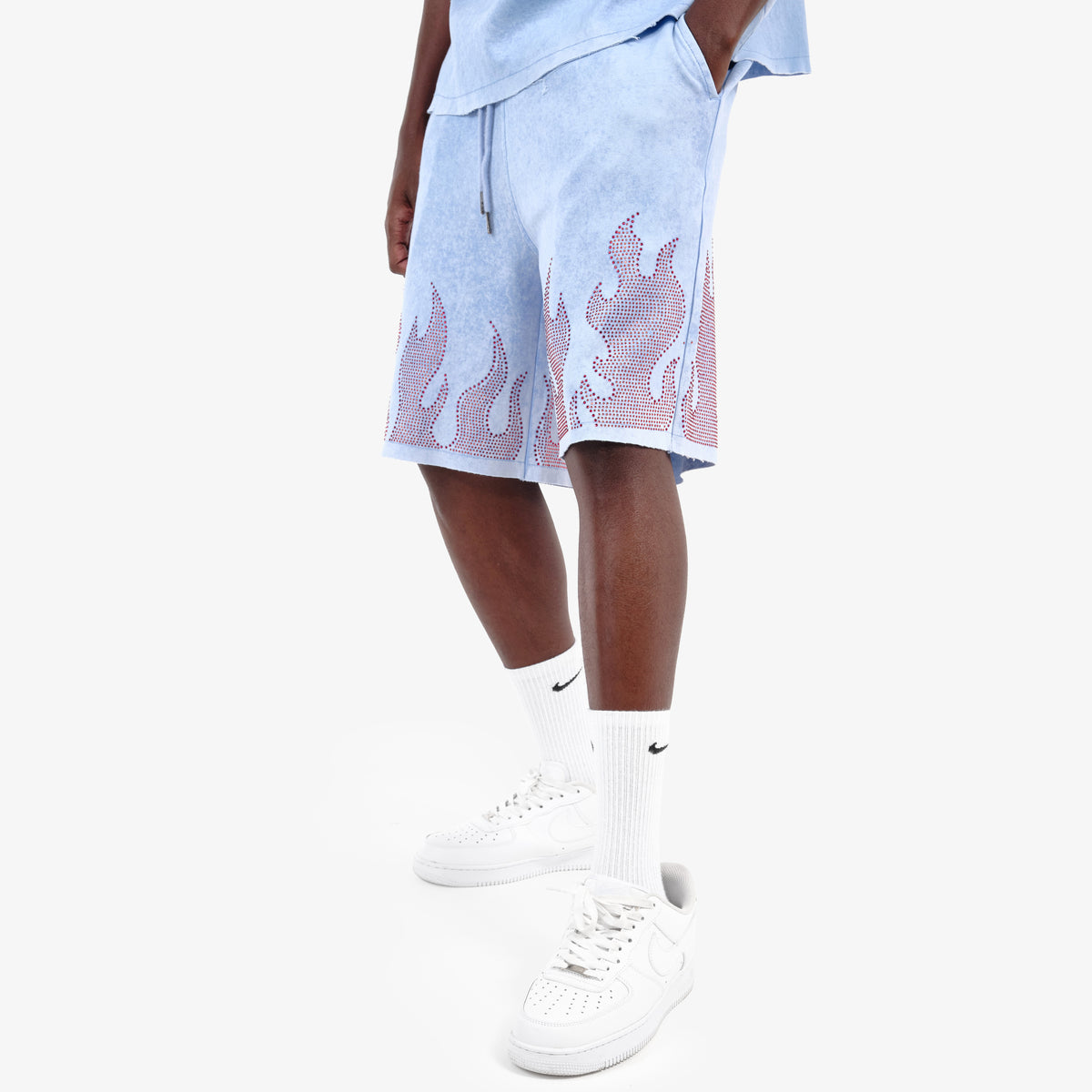 LIGHT BLUE FLAME RHINESTONE SHORTS