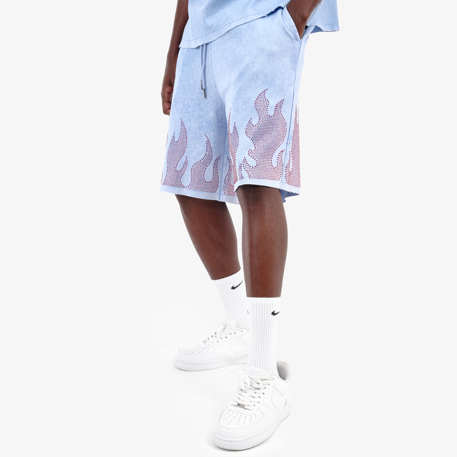 LIGHT BLUE FLAME RHINESTONE SHORTS