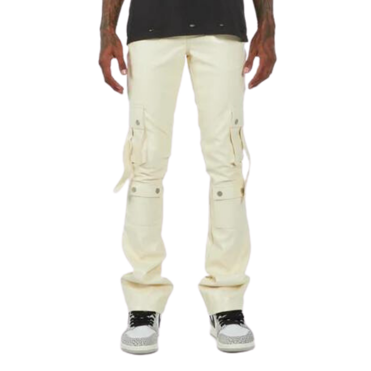 CREAM LEATHER CARGO STACKED JEANS