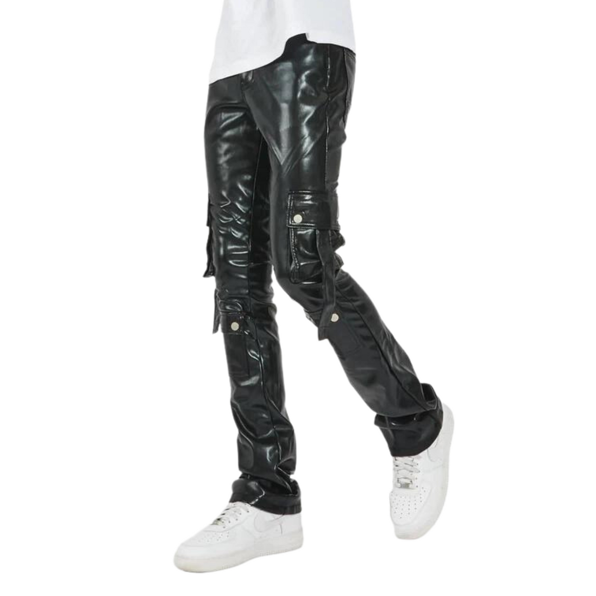 JET BLACK FAUX LEATHER CARGO STACKED JEANS