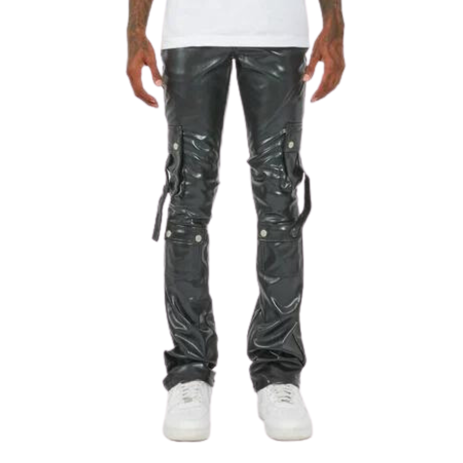 JET BLACK FAUX LEATHER CARGO STACKED JEANS