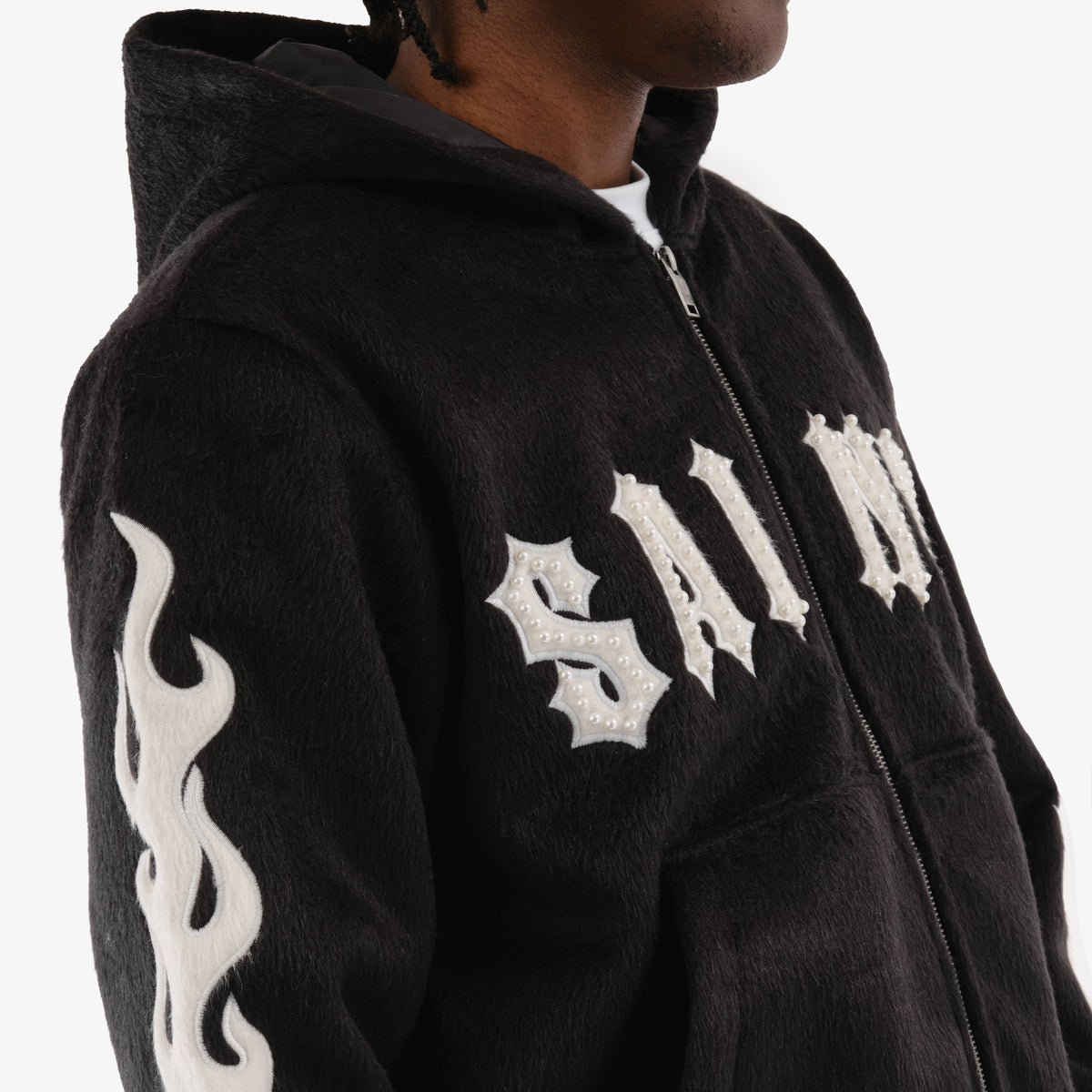 BLACK "SAINTS" MOHAIR HOODIE W/ PEARL DETAILS