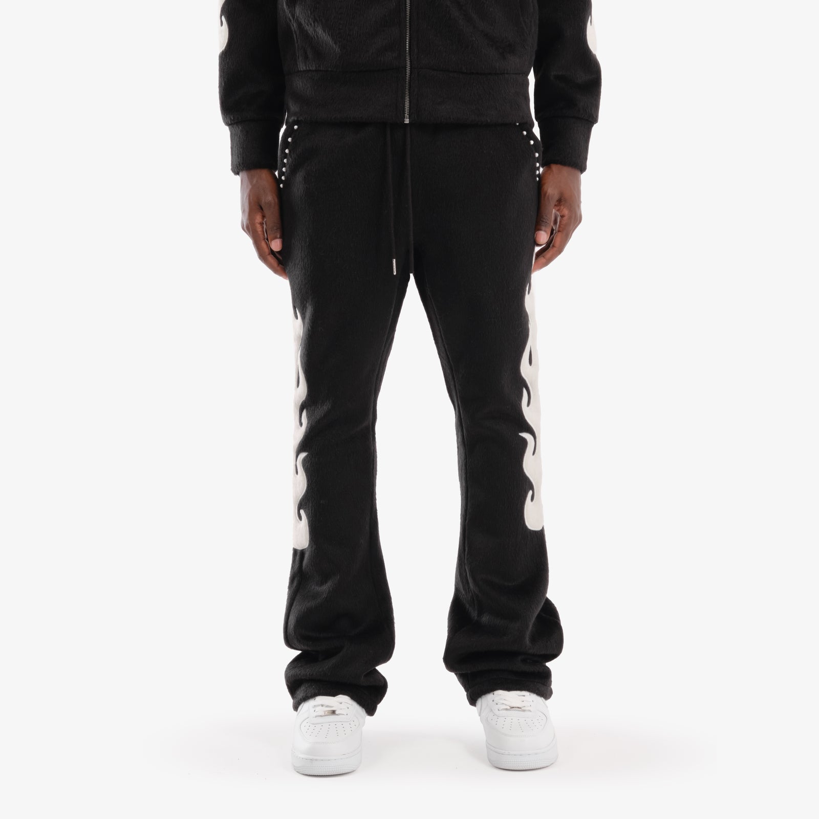 BLACK "SAINTS" MOHAIR STACKED PANTS W/ PEARL DETAILS
