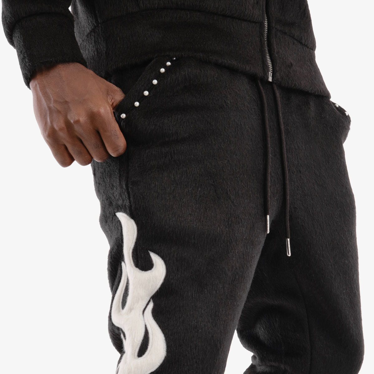 BLACK "SAINTS" MOHAIR STACKED PANTS W/ PEARL DETAILS