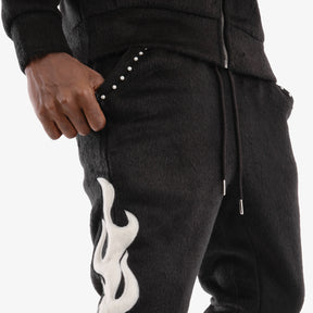 BLACK "SAINTS" MOHAIR STACKED PANTS W/ PEARL DETAILS