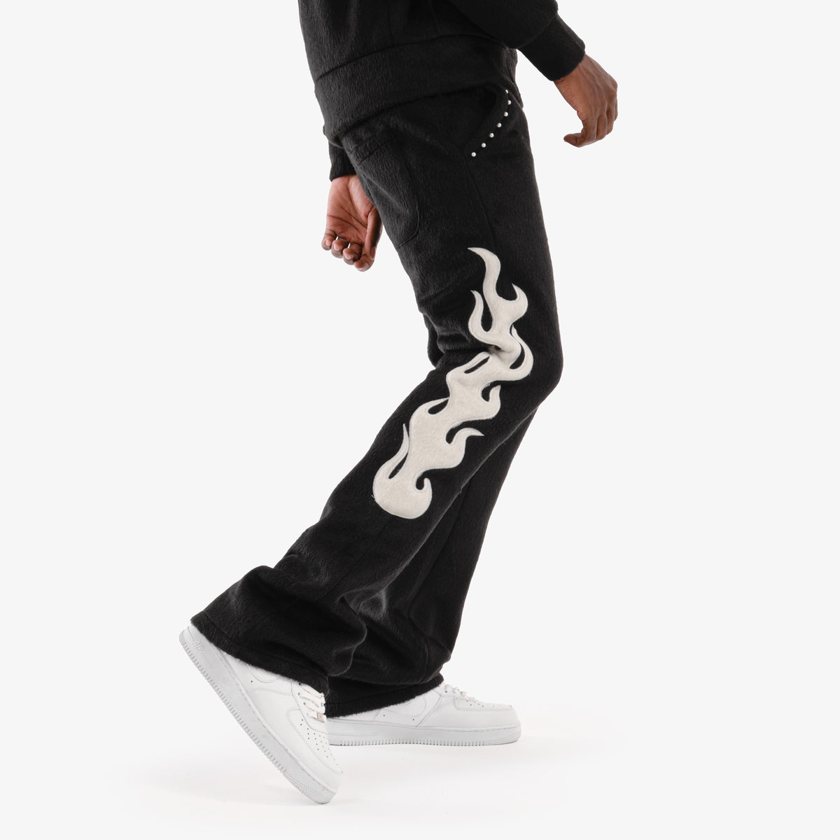 BLACK "SAINTS" MOHAIR STACKED PANTS W/ PEARL DETAILS