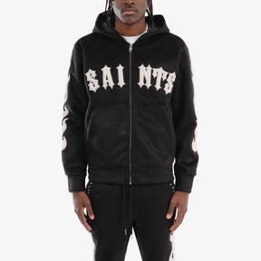 BLACK "SAINTS" MOHAIR HOODIE W/ PEARL DETAILS