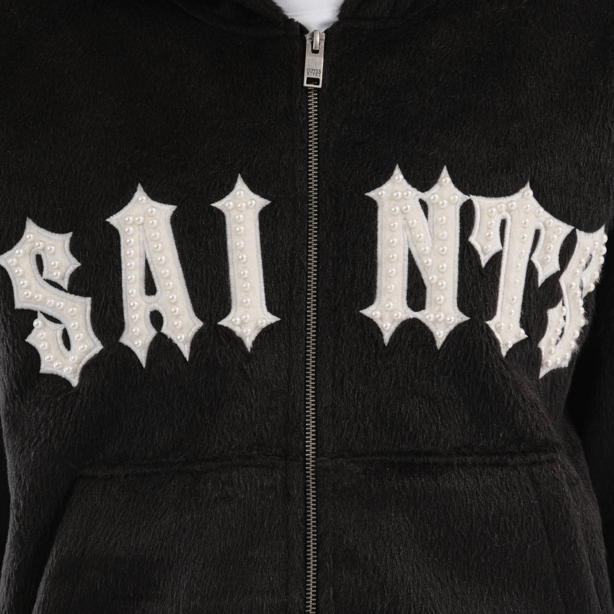 BLACK "SAINTS" MOHAIR HOODIE W/ PEARL DETAILS