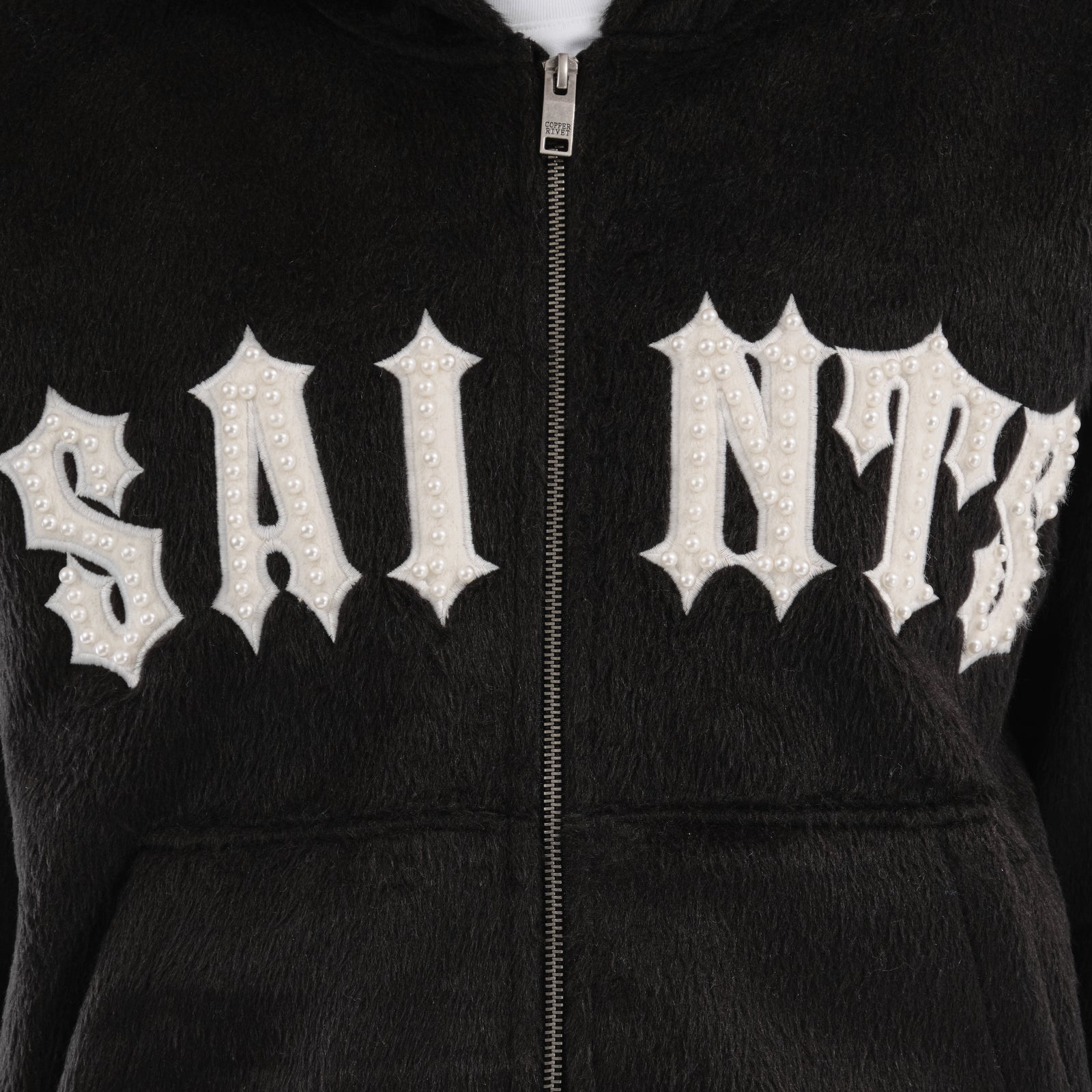 BLACK "SAINTS" MOHAIR HOODIE W/ PEARL DETAILS