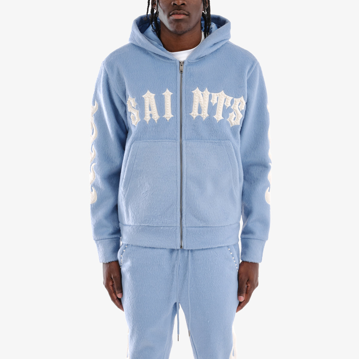 LIGHT BLUE "SAINTS" MOHAIR HOODIE W/ PEARL DETAIL
