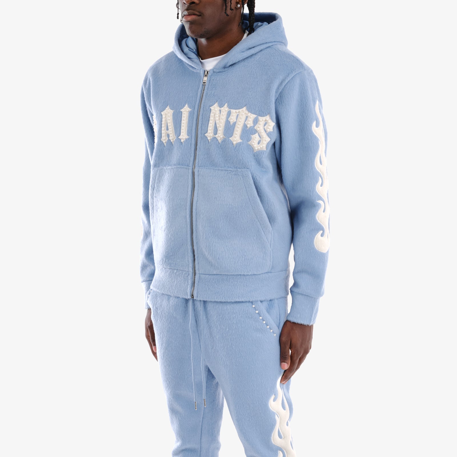 LIGHT BLUE "SAINTS" MOHAIR HOODIE W/ PEARL DETAIL