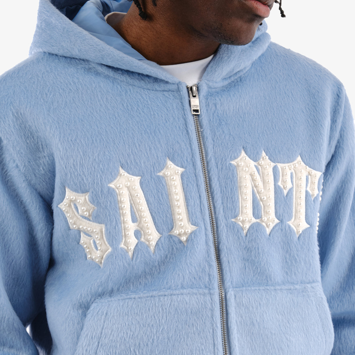 LIGHT BLUE "SAINTS" MOHAIR HOODIE W/ PEARL DETAIL