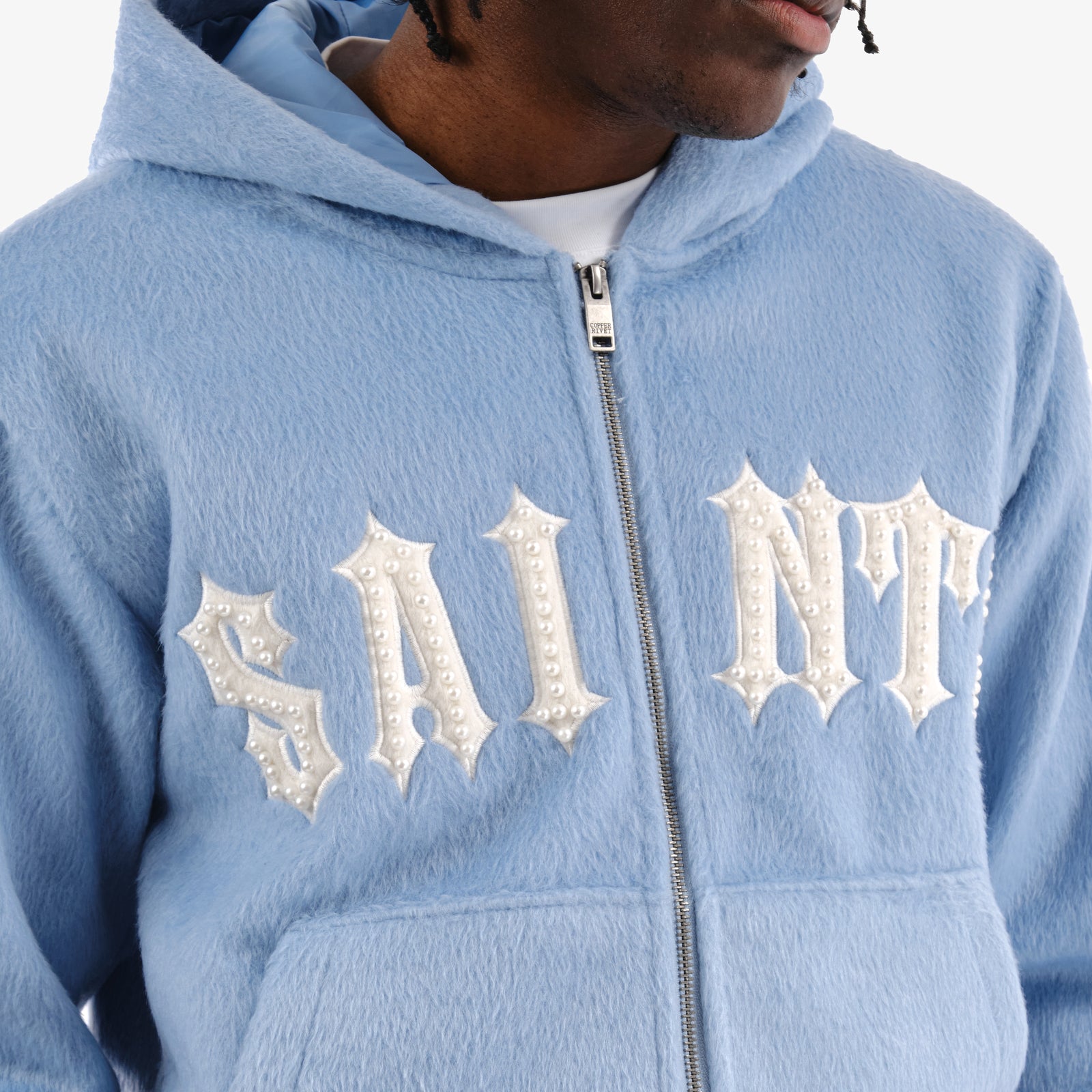 LIGHT BLUE "SAINTS" MOHAIR HOODIE W/ PEARL DETAIL