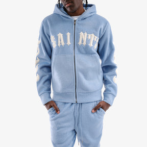 LIGHT BLUE "SAINTS" MOHAIR HOODIE W/ PEARL DETAIL
