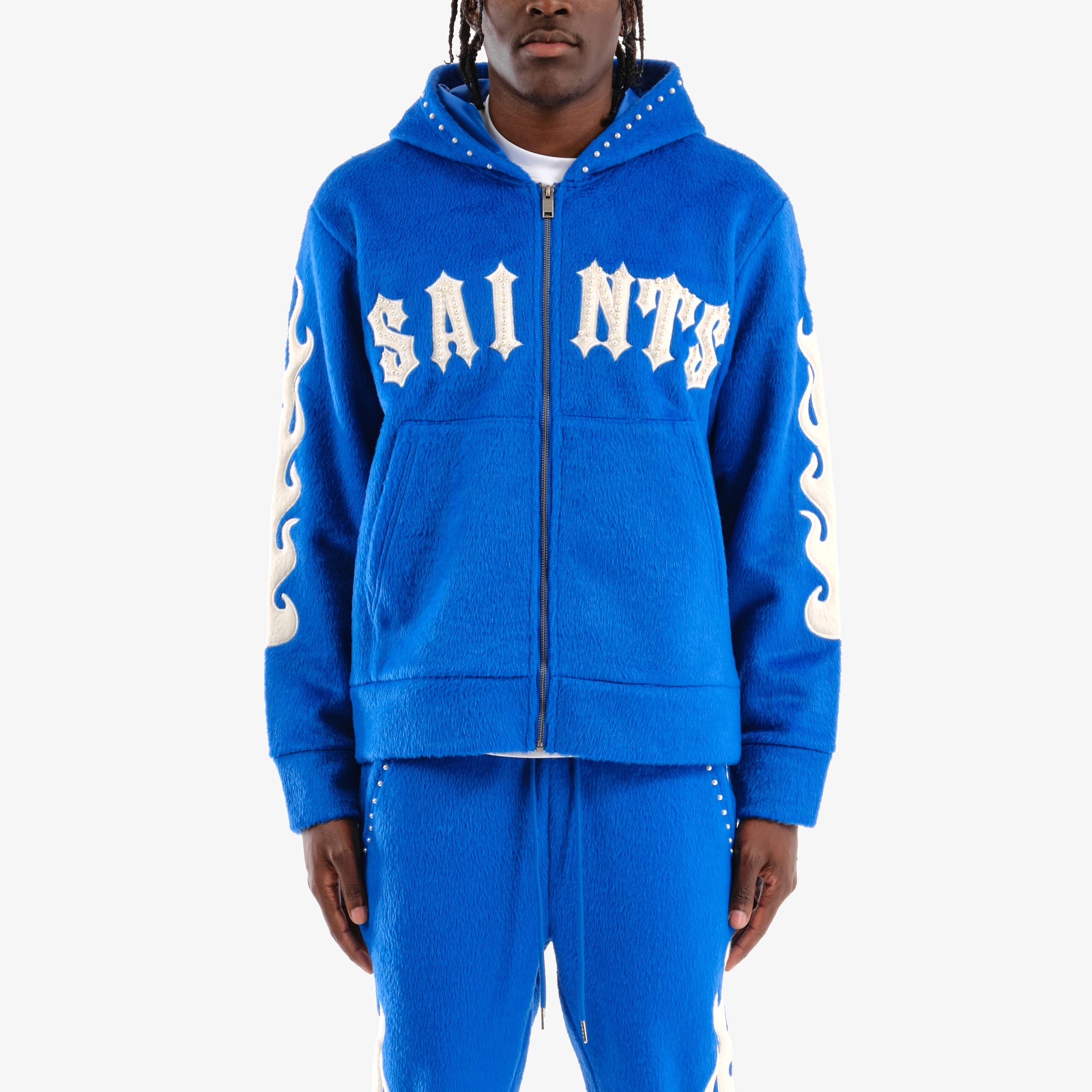 ROYAL BLUE "SAINTS" MOHAIR HOODIE W/ PEARL DETAILS
