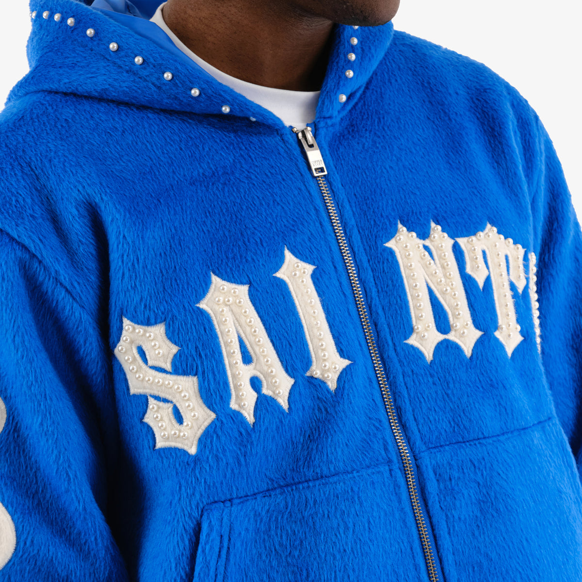 ROYAL BLUE "SAINTS" MOHAIR HOODIE W/ PEARL DETAILS