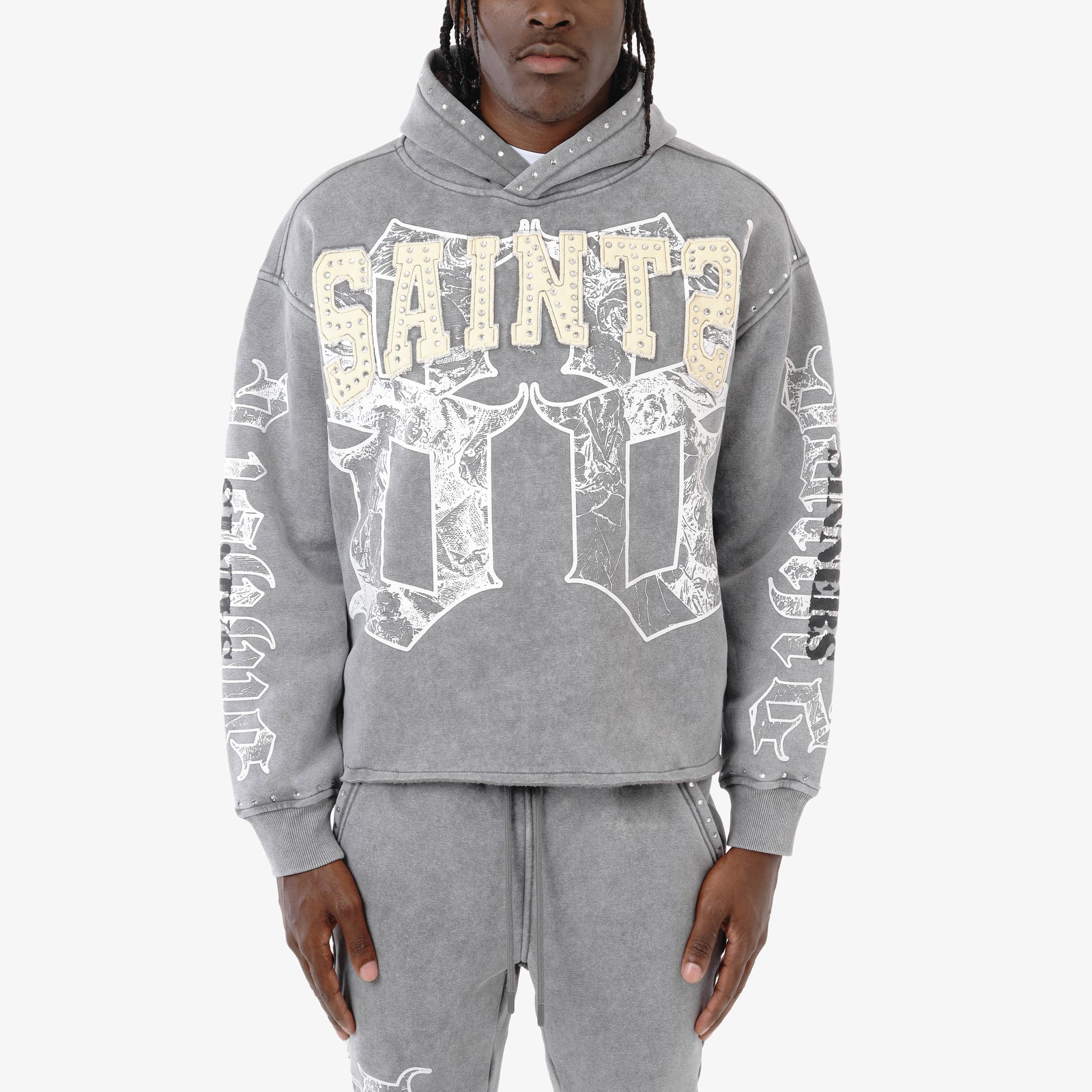 GRAY SAINT HOODIE W/ RHINESTONES