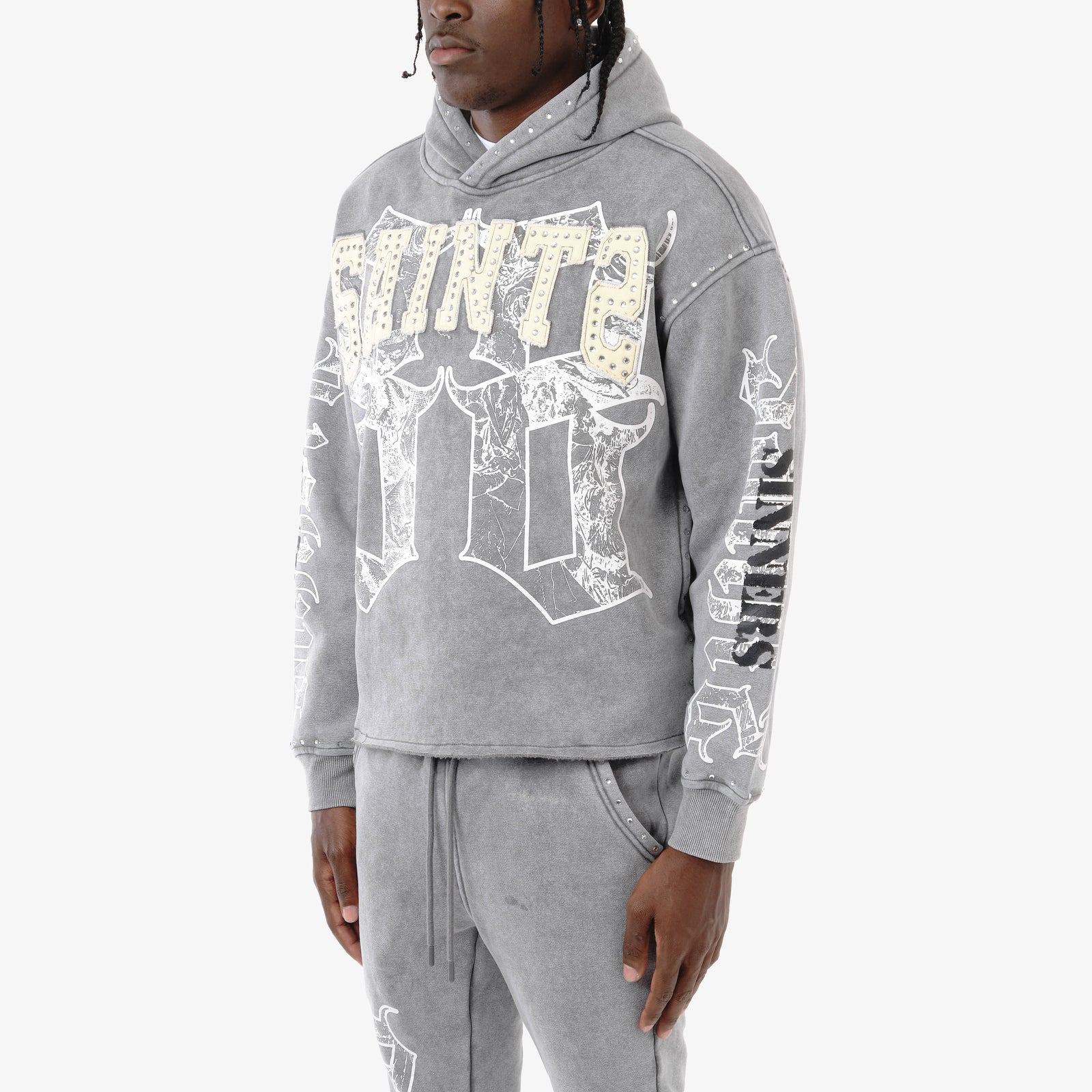 GRAY SAINT HOODIE W/ RHINESTONES