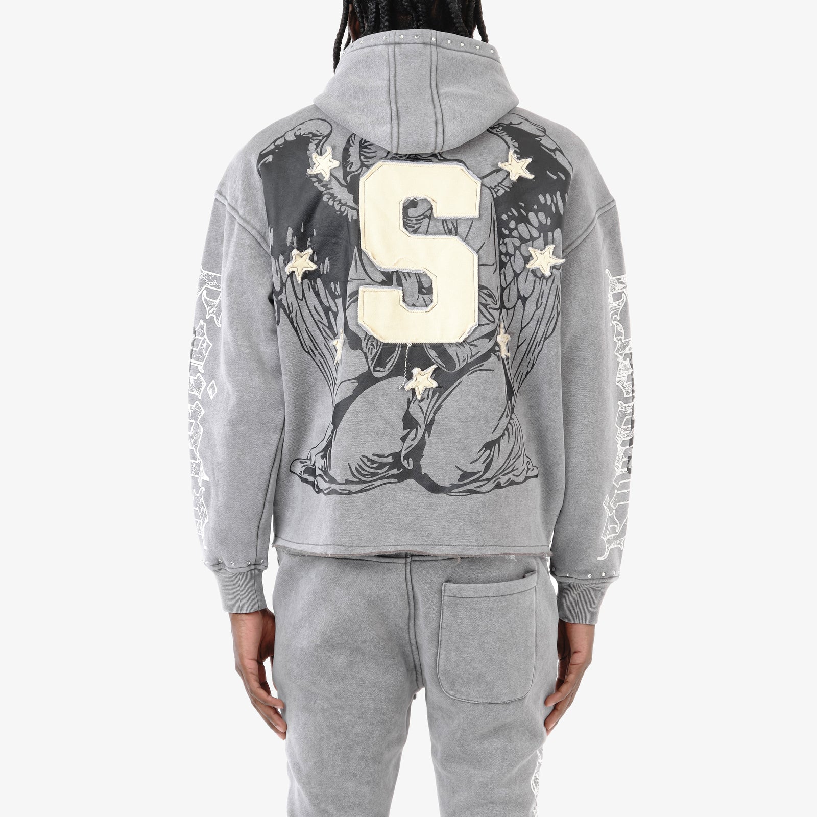 GRAY SAINT HOODIE W/ RHINESTONES