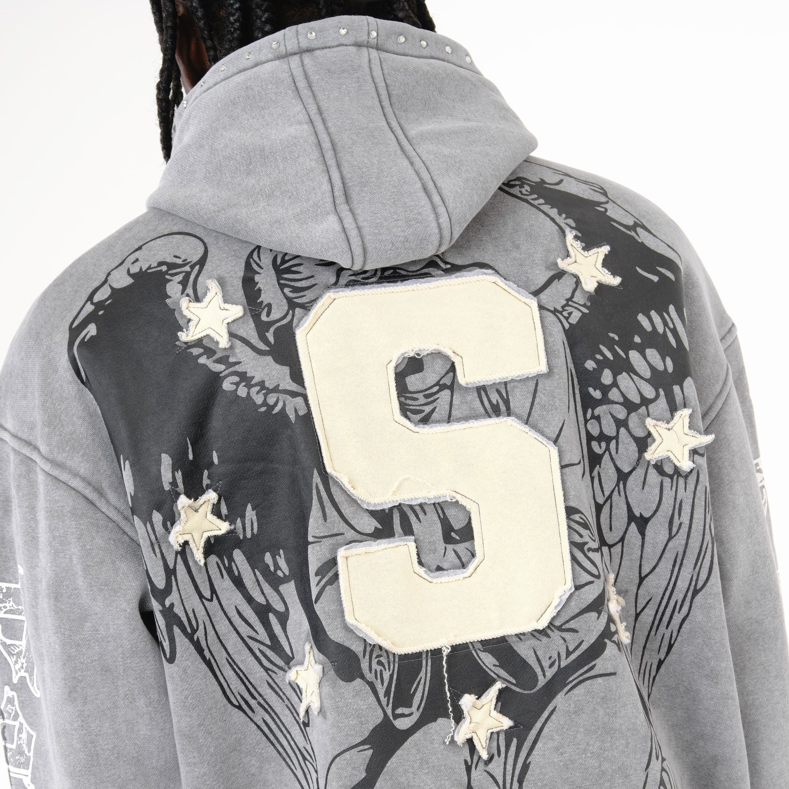 GRAY SAINT HOODIE W/ RHINESTONES