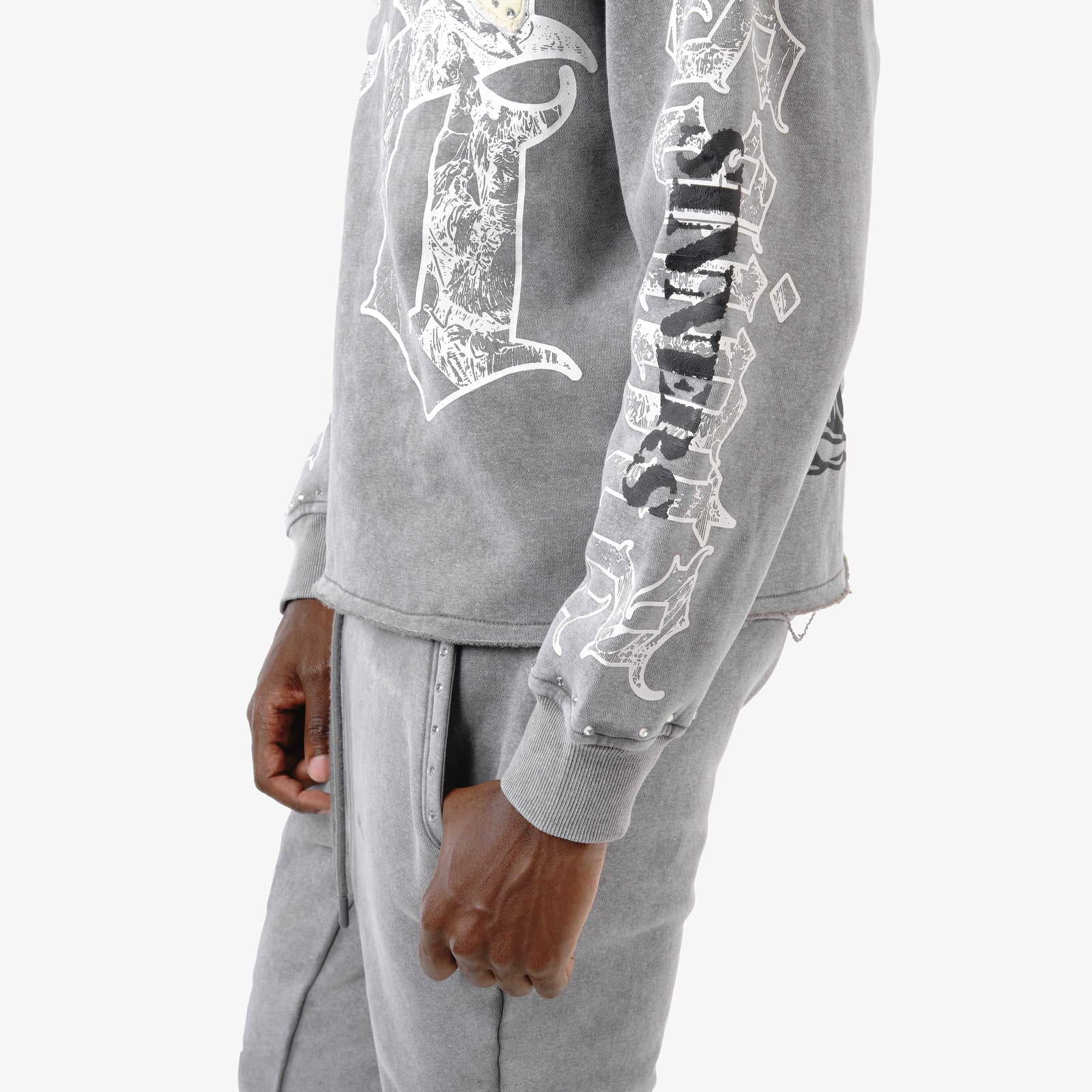GRAY SAINT HOODIE W/ RHINESTONES