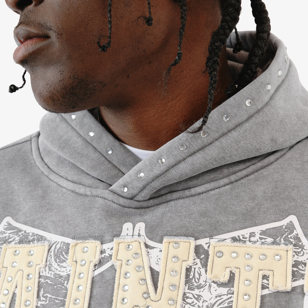 GRAY SAINT HOODIE W/ RHINESTONES