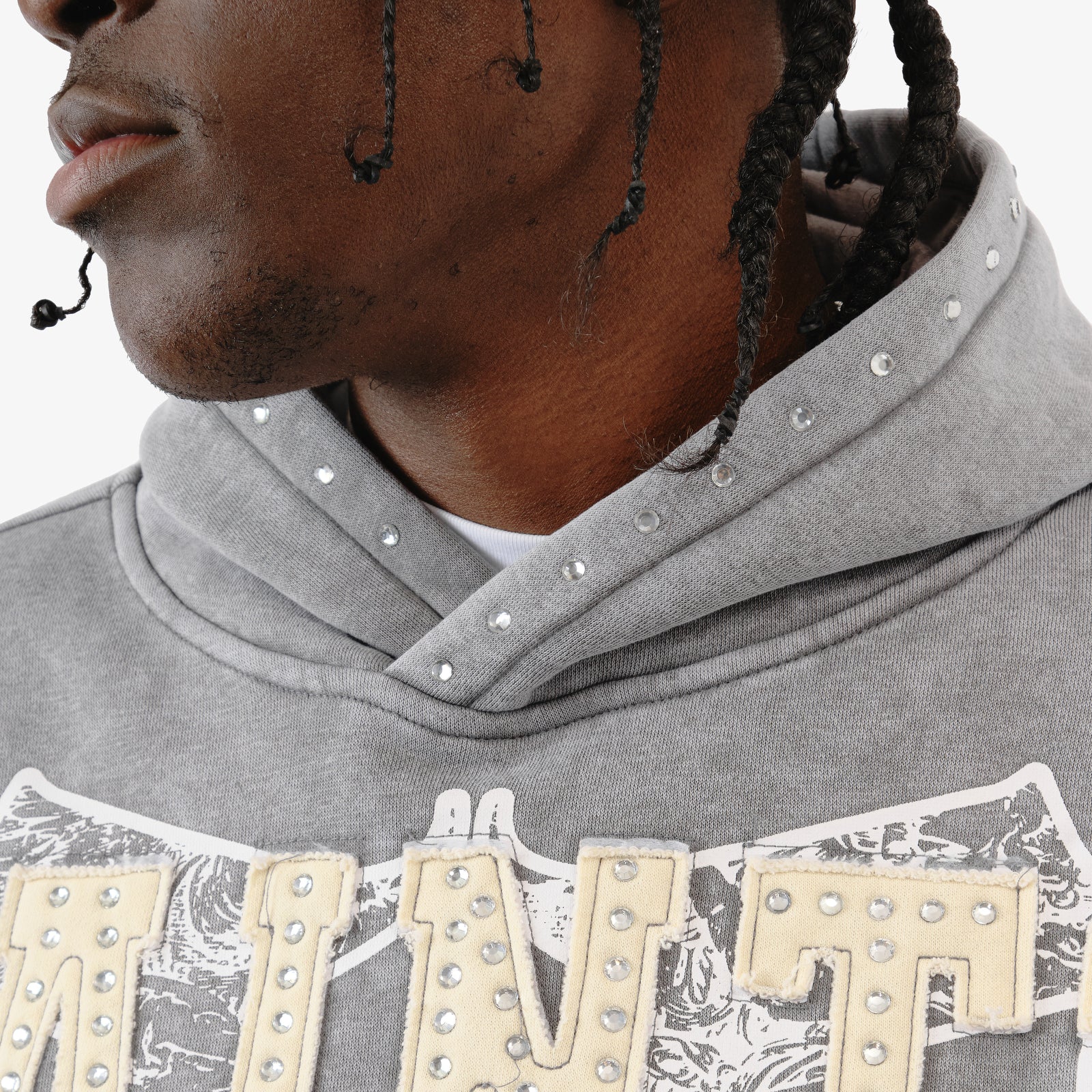 GRAY SAINT HOODIE W/ RHINESTONES