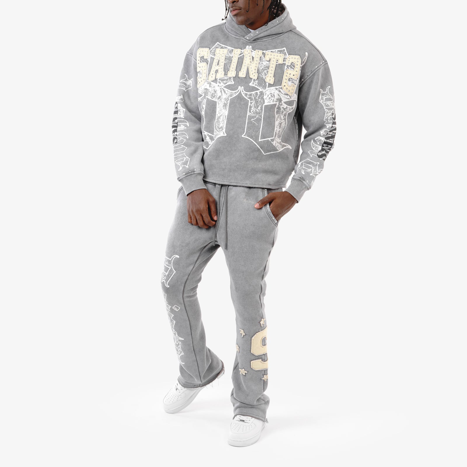 GRAY SAINT W/ RHINESTONES PANTS