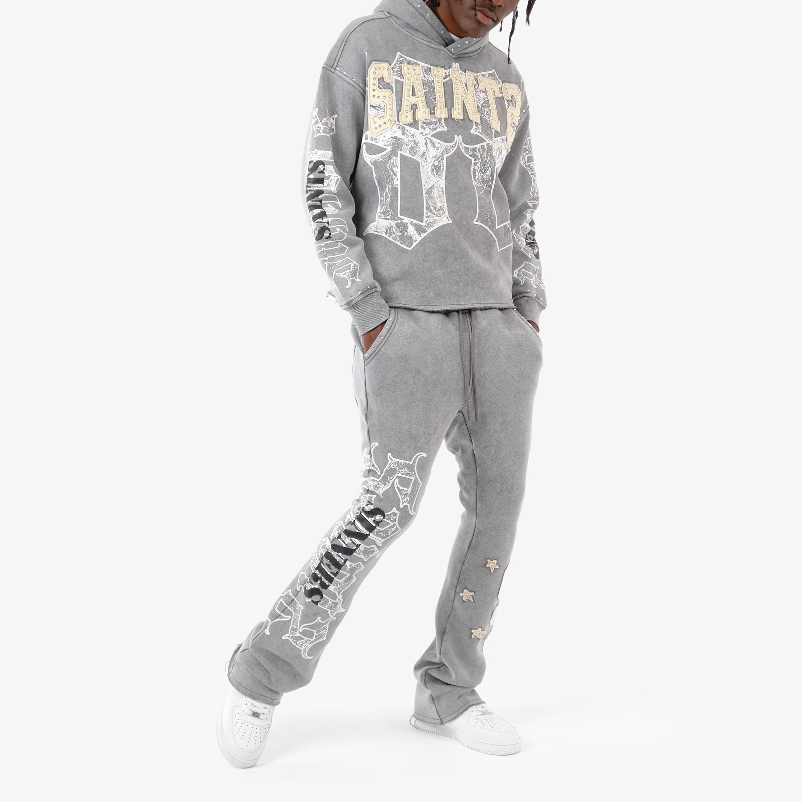 GRAY SAINT W/ RHINESTONES PANTS