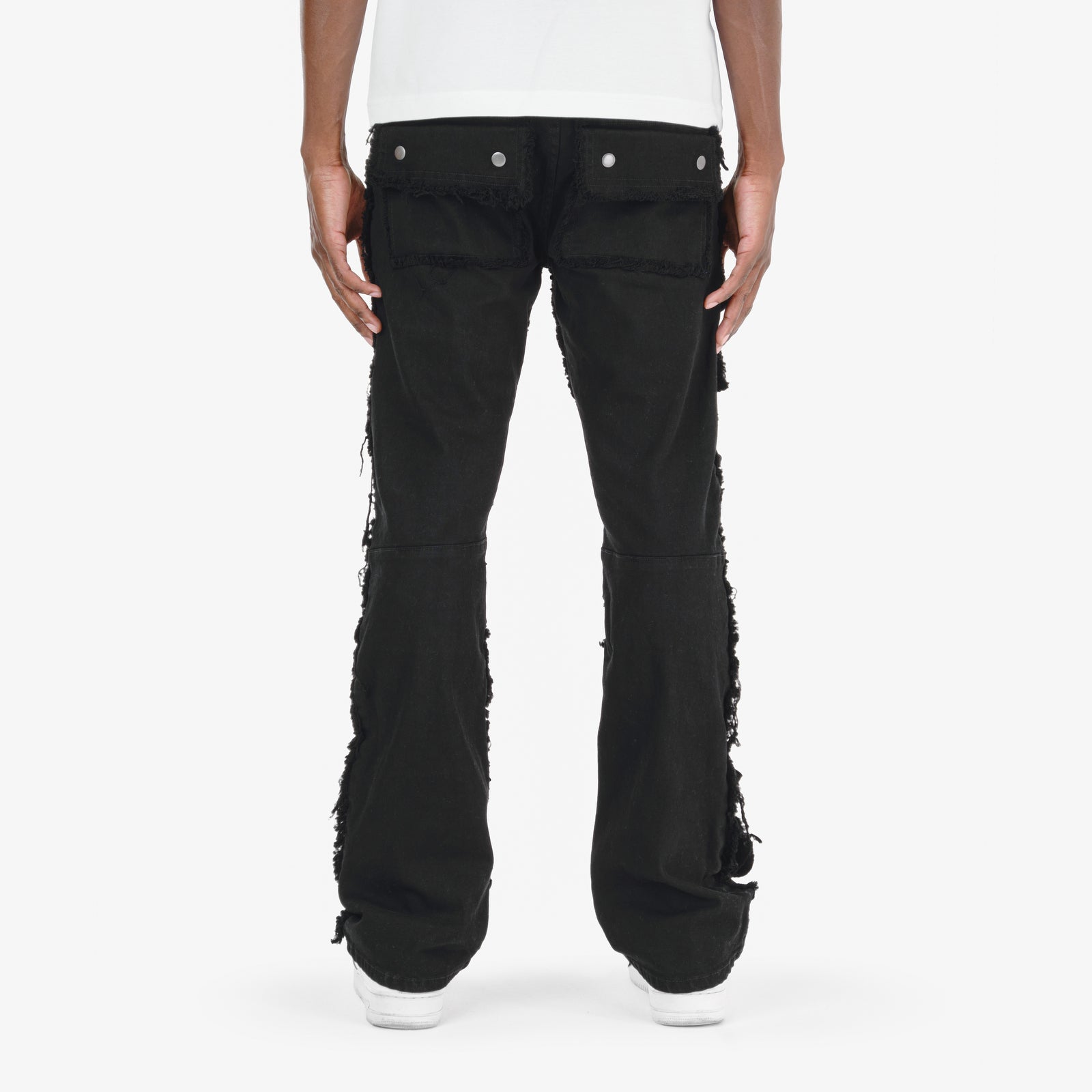 BLACK MULTI CARGO STACKED DENIMS