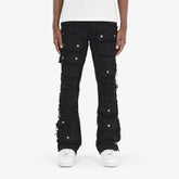 BLACK MULTI CARGO STACKED DENIMS