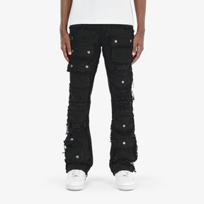 BLACK MULTI CARGO STACKED DENIMS