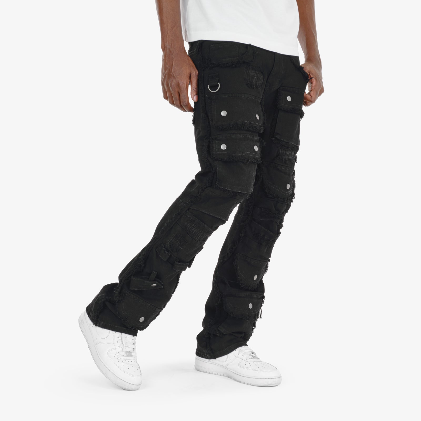 BLACK MULTI CARGO STACKED DENIMS