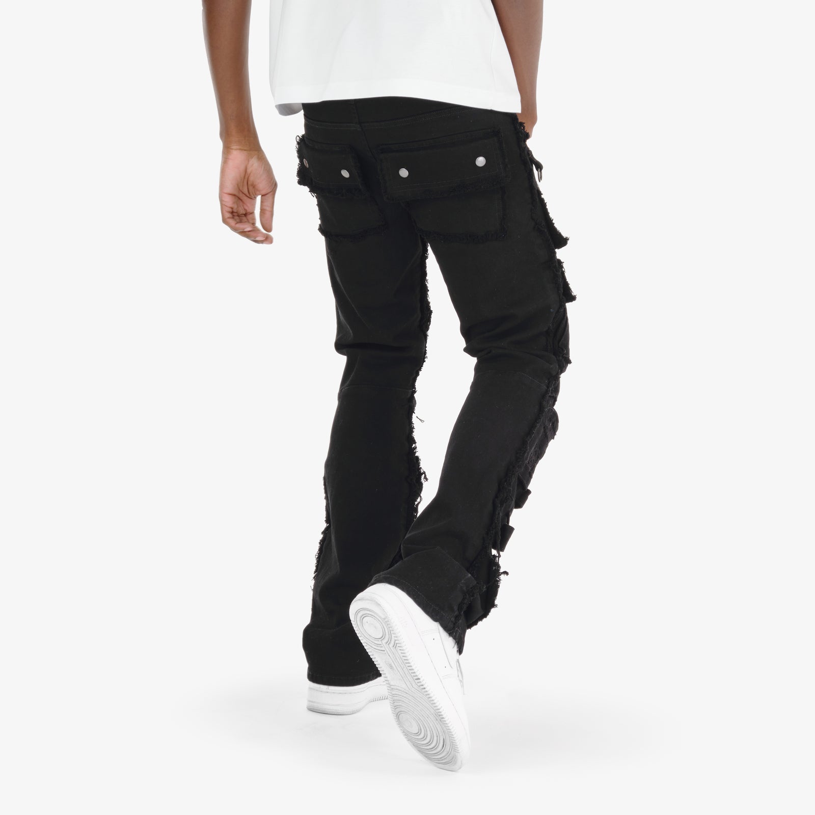 BLACK MULTI CARGO STACKED DENIMS
